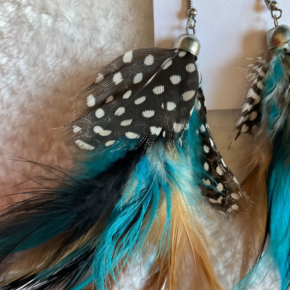 Faux Pheasant Feather Southwestern Drop Earrings in Blue, Black, Brown, White